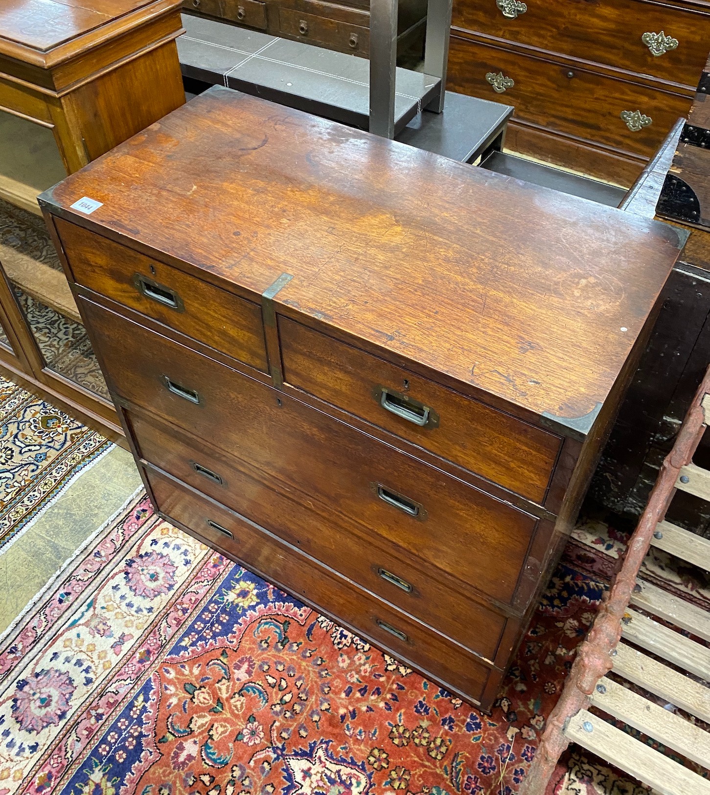 A late Victorian brass bound teak campaign chest, width 92cm, height 96cm